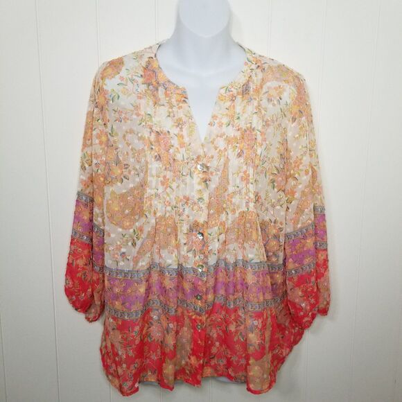 Figueroa & Flower Top Womens Size Petite XL Semi Sheer Floral Boho - Picture 1 of 8